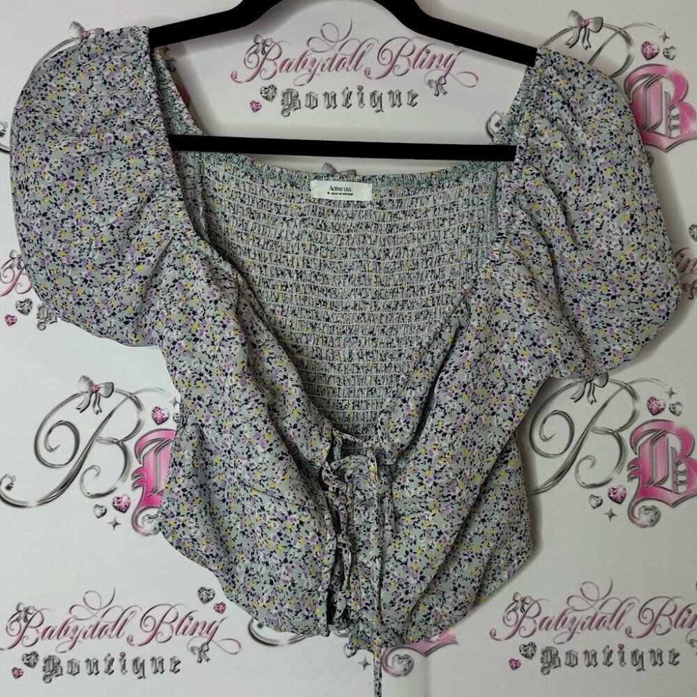Active USA tshirt cropped corset lace up bubble Puff Sleeve Top floral